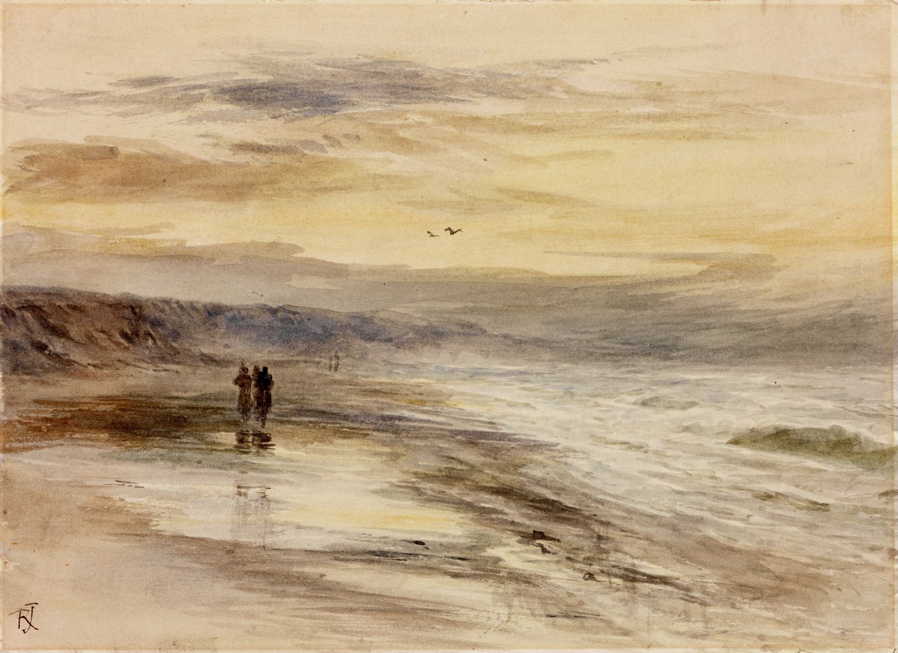 Figurák a tengerparton alkonyatkor (akvarell, papír (kártyára ragasztva)) alkotó: Robert Jobling