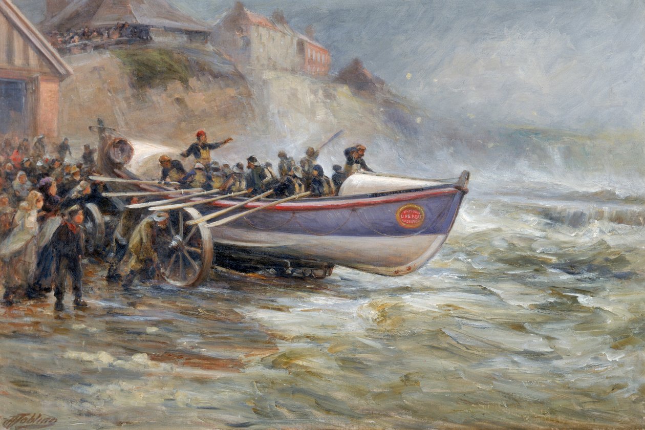 A Cullerboats mentőcsónak vízre bocsátása, 1902 alkotó: Robert Jobling