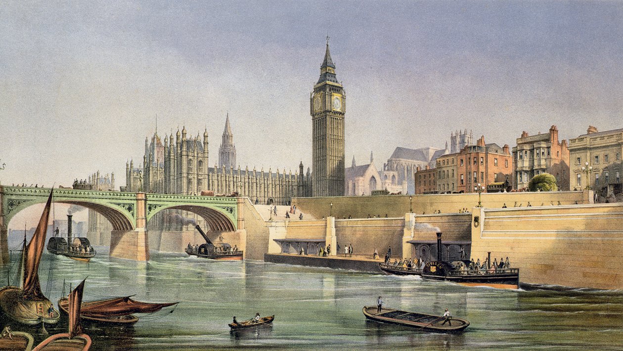 Temze rakpart a gőzhajó leszálló mólójával a Westminster Bridge-nél, vésett Day and Son, 1864 alkotó: Robert Kent Thomas