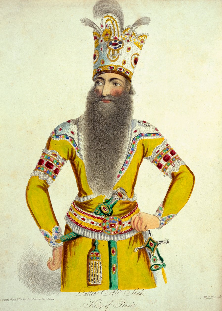 Fatteh Ali Shah portréja, William Thomas Fry (1789-1843) metszete a „Travels in Georgia, Persia, Armenia, Ancient Babylonia, undc, during the years ancient Babylonia 1817-20” című művéből, megjelent 1821-22 alkotó: Robert Kerr Porter