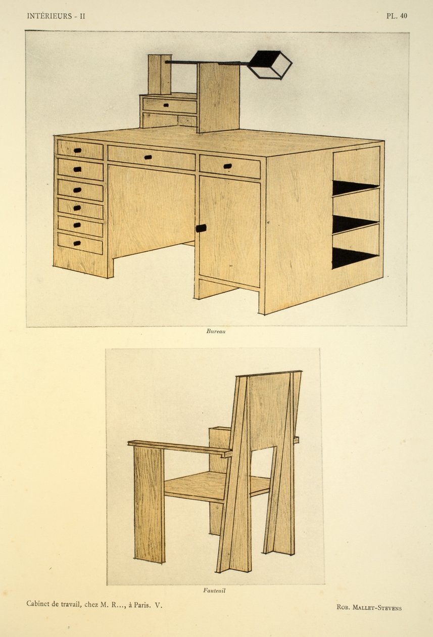 Cabinet de travail V, chez M. R .., Párizs, illusztráció Leon Moussinac „Interieurs” című könyvéből, pub. Albert Levy, 1924-26 alkotó: Robert Mallet Stevens