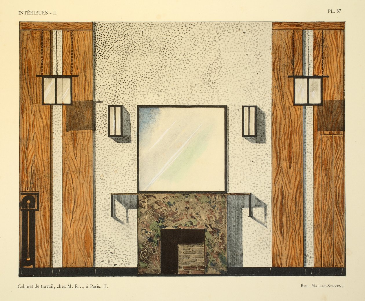 Cabinet de travail II, chez M. R..., a Paris, illusztráció Leon Moussinac "Interieurs" című művéből, pub. Albert Levy, 1924-26. alkotó: Robert Mallet Stevens