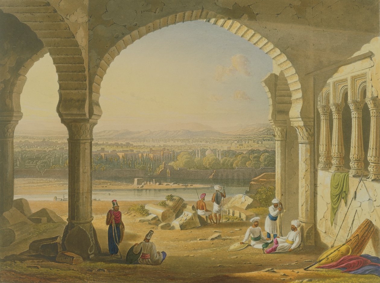 Aurungábád Aurungzebe palotájának romjaiból, "Scenery, Costumes and Architecture of India" II. kötetéből, rajzolta William Purser (1790-1852 körül), metszette Thomas Kearnan (1821-50 körül) és metszette. alkotó: Robert Melville Grindlay