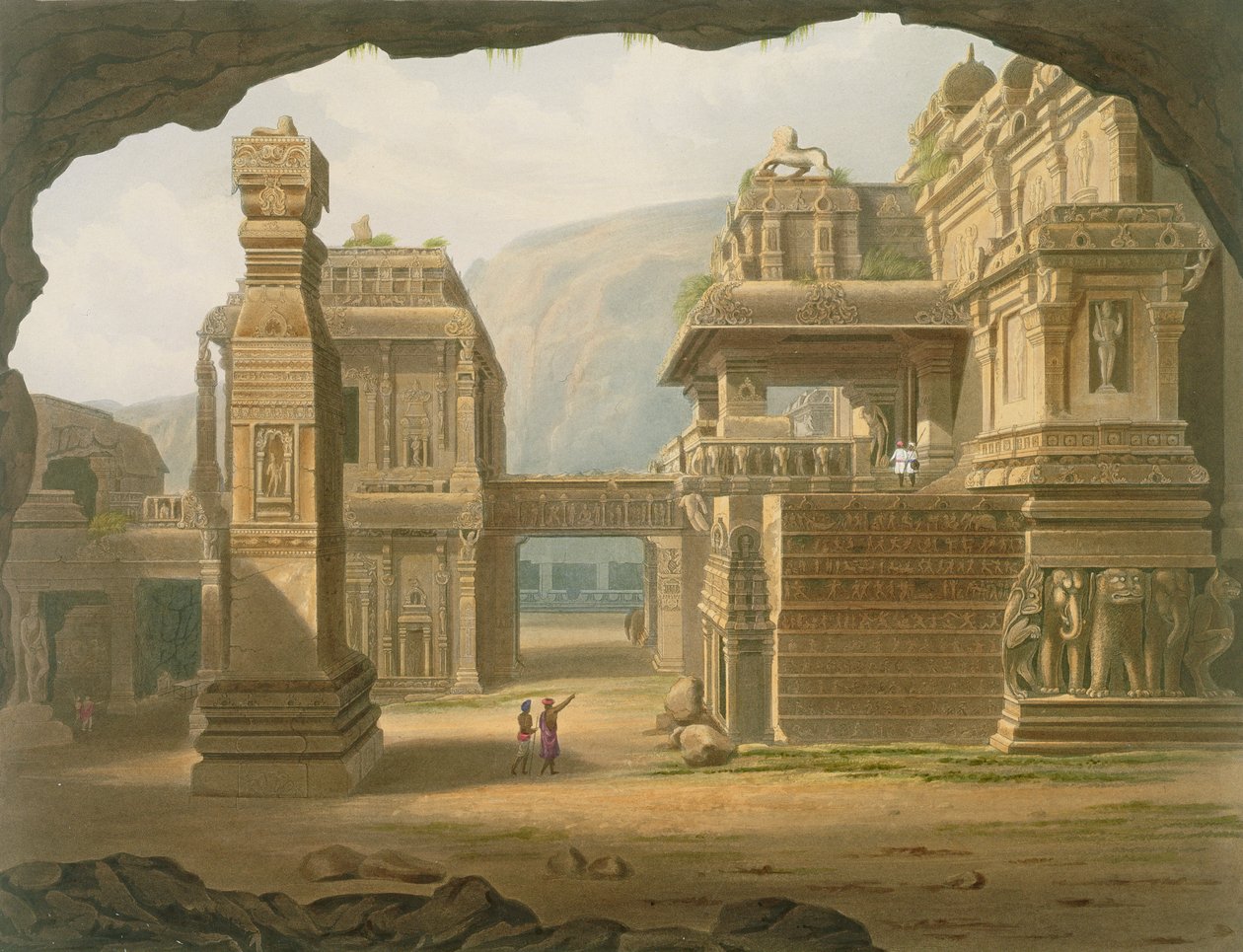 Nagy feltárt templom Ellorában 1813-ban, a "Scenery, Costumes and Architecture of India" I. kötetéből, G. Rawle metszet, G. Hunt metszet és színezés: J. B. Hogarth, pub. Ackermann, 1826 alkotó: Robert Melville Grindlay