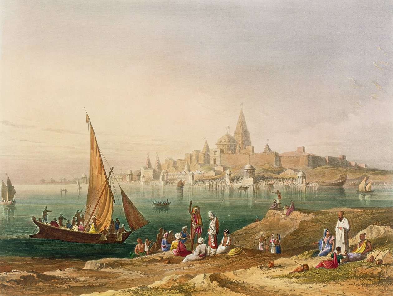 Dwarka szent városa és templomai, a „India táj, jelmezek és építészet” II. kötetéből, William Purser (1790-1852 körül) rajzolta és R.G. metszett. Reeve (fl.1811-37) pub. írta Smith, Eld alkotó: Robert Melville Grindlay