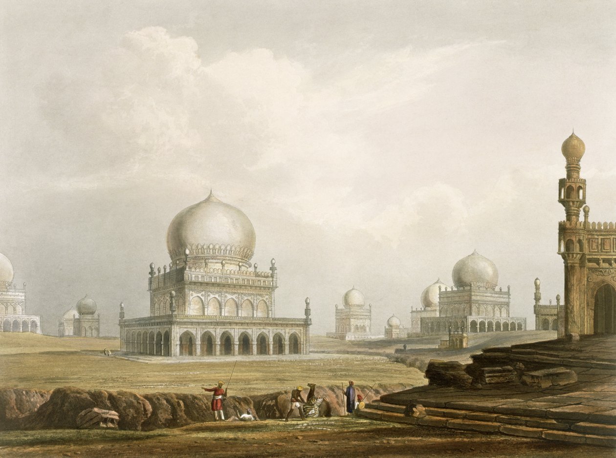 A golcondai királyok sírjai 1813-ban, az "Scenery, Costumes and Architecture of India" I. kötetéből, J. Willis metszete és G. Hunt metszete, kiadó: Smith, Elder and Company, 1826 (akvatinta). alkotó: Robert Melville Grindlay