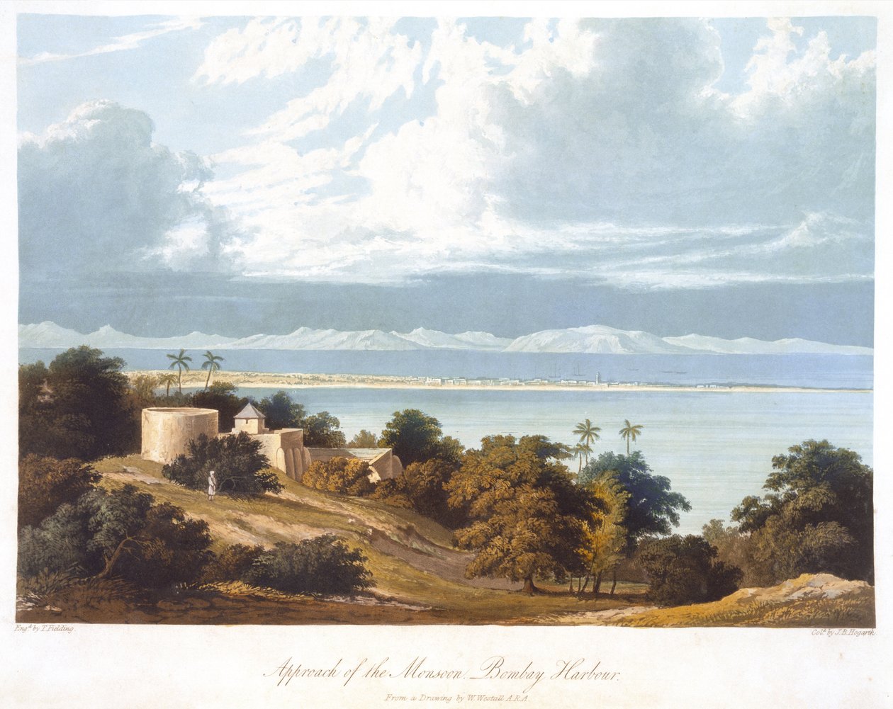 Approach of the Monsoon, Bombay Harbour, William Westall (1781-1850) rajzából az Indiai tájak, jelmezek és építészetből, T. Fielding vésette, J. B. Hogarth színezte, megjelent 182 alkotó: Robert Melville after Grindlay