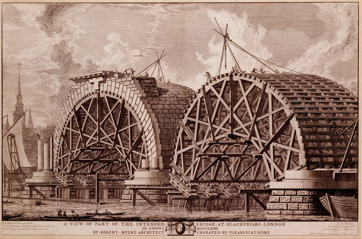 A tervezett londoni Blackfriars híd egy részének látképe, Piranesi metszete, 1764 alkotó: Robert Milne
