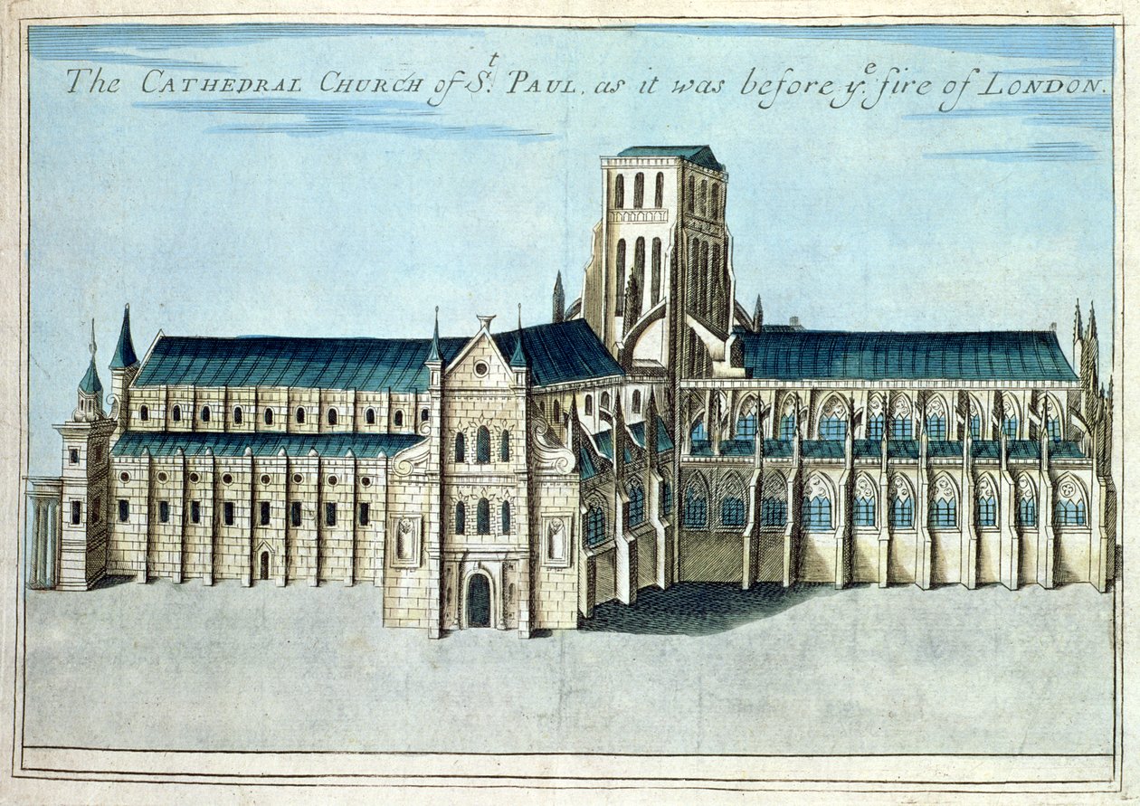 A Szent Pál-székesegyház, mielőtt a londoni tűzvész elpusztította volna „A könyv a londoni City nevezetes helyek kilátásairól”, 1700 körül alkotó: Robert Morden