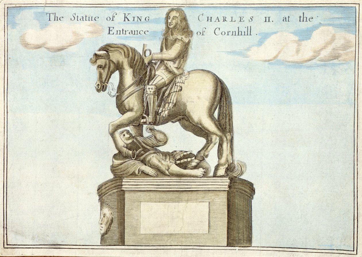 II. Károly király (1630-85) szobra Cornhill bejáratánál, A Book of the Remarkable Places in and About the London, 1700 körül. alkotó: Robert Morden