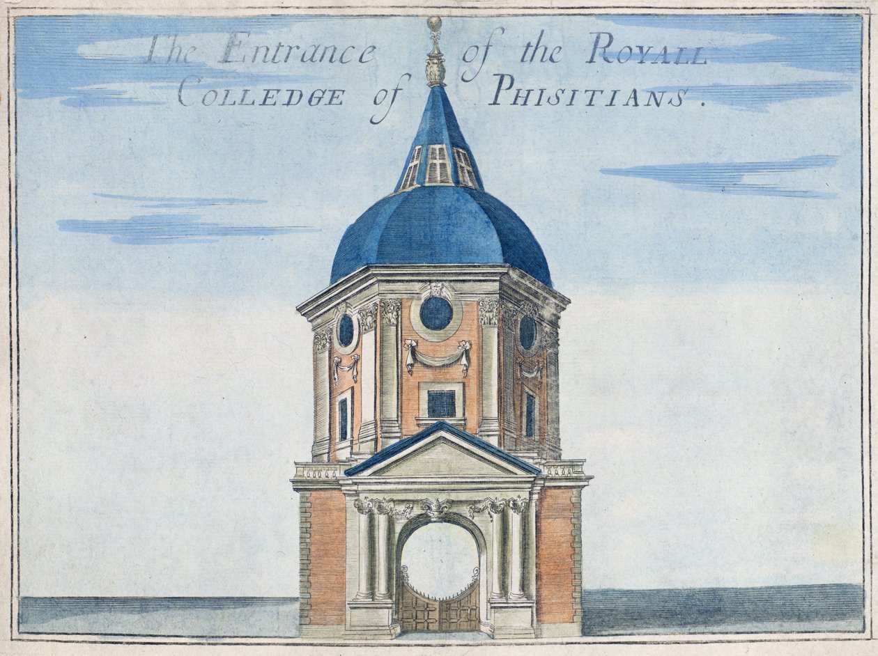 A Royal College of Physicians bejárata, „A Book of the Remarkable Places in and about the London” című könyvből, 1700 körül alkotó: Robert Morden