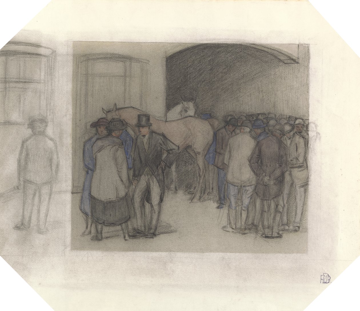 Egy reggel Tattersallsban (fekete kréta és színes mosások papíron) alkotó: Robert Polhill Bevan