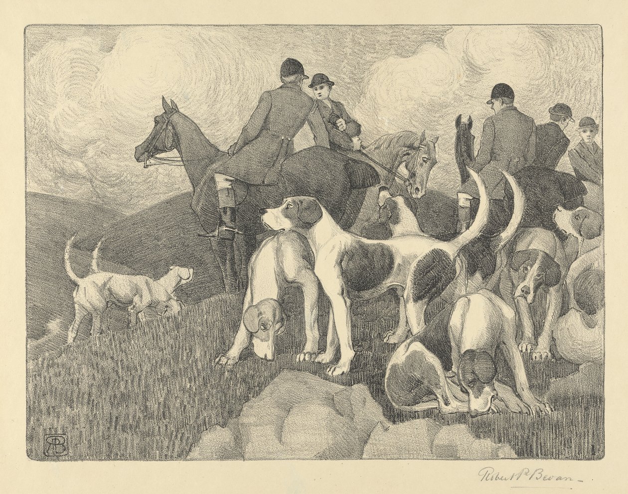 The Meet (kréta és szürke mosás, fehérrel megerősítve a papíron) alkotó: Robert Polhill Bevan