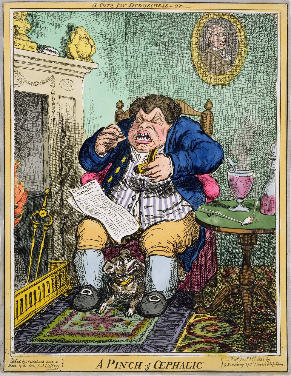 Gyógyír az álmosságra vagy egy csipetnyi fejfájás, metszett George Cruikshank (1792-1878), kiadó: G. Humphrey, 1822. január 25. (színes rézkarc) alkotó: Robert Seymour