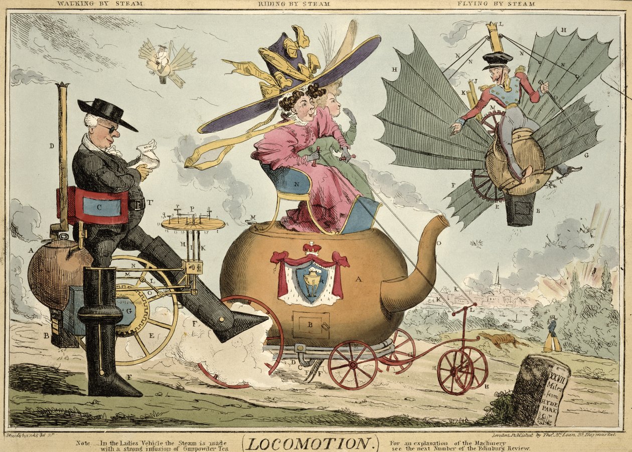 Locomotion – Walking by Steam, Riding by Steam, Flying by Steam, kiadó: Thomas McLean, London (színes rézkarc) alkotó: Robert Seymour