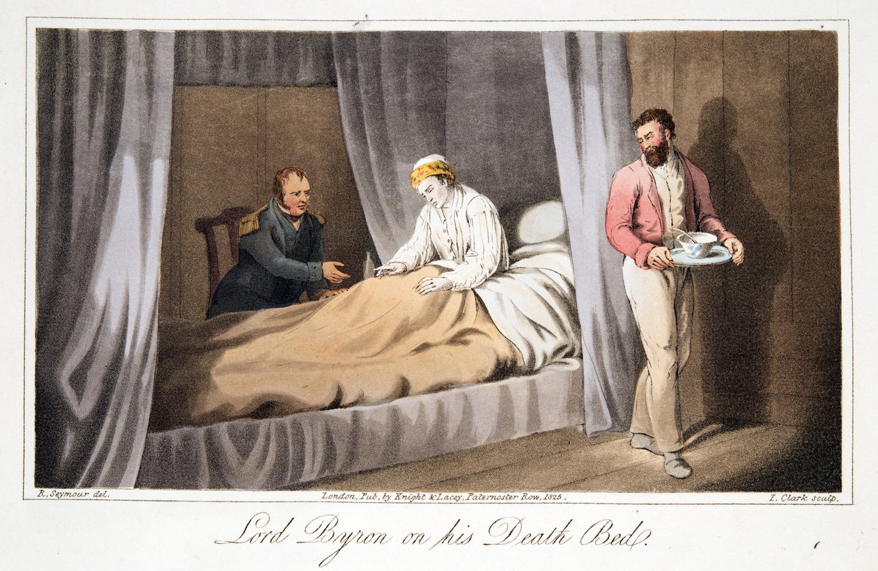 Lord Byron a halálos ágyán, The Last Days of Lord Byron, William Parry, pub. 1825 (kézzel színezett metszet) alkotó: Robert Seymour