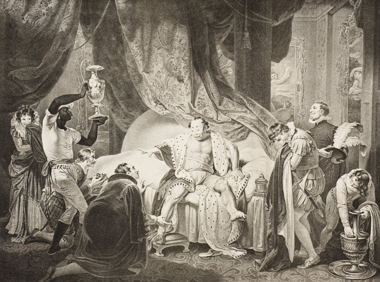 Hálószoba az Úr házában, Indukció, II. jelenet, A cickány megszelídítése című filmből, a Boydell Shakespeare Galériából, 19. század végén jelent meg alkotó: Robert Smirke