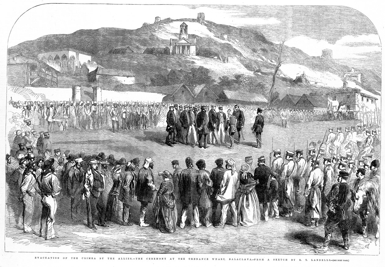 A Krím kiürítése a szövetségesek által, a szertartás a balaclavai Ordinance Wharfban, az Illustrated London Newsból, 1856. augusztus 30. alkotó: Robert Thomas Landells