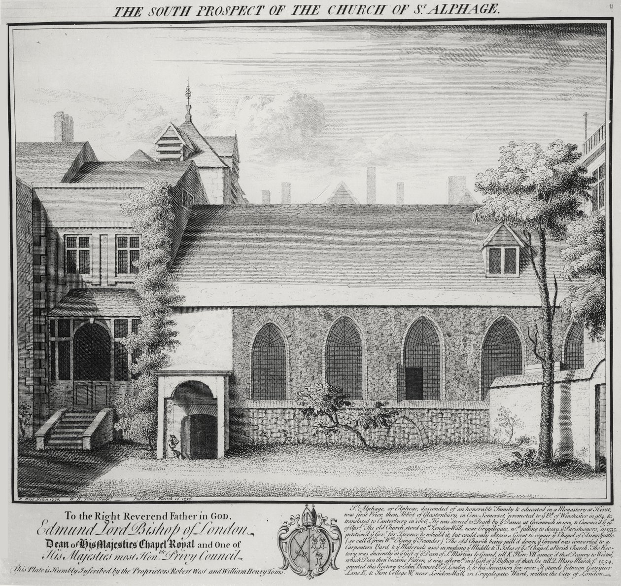A Szent Alfa-templom déli kilátása, William Henry Toms (1700-50 körül) metszetében, 1736 alkotó: Robert West