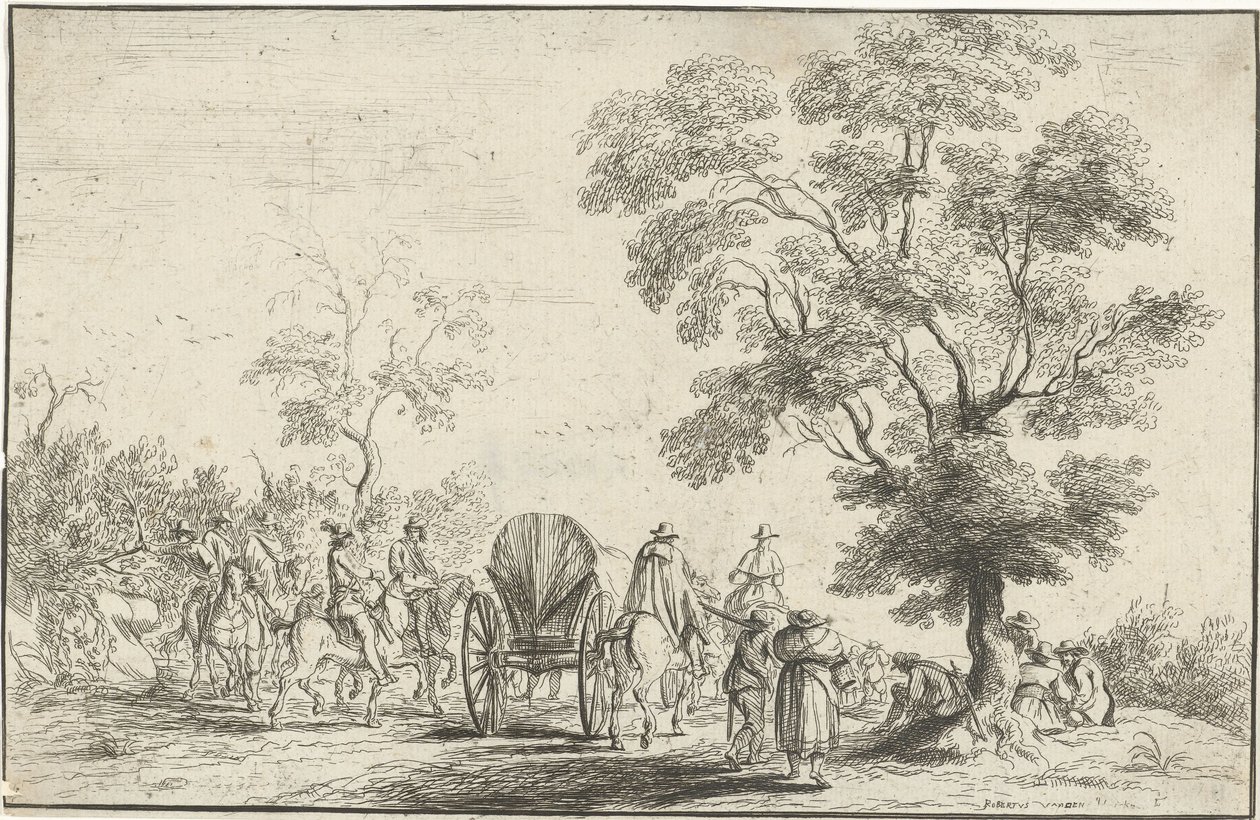 Kocsi lovasok kíséretében alkotó: Robert van den Hoecke