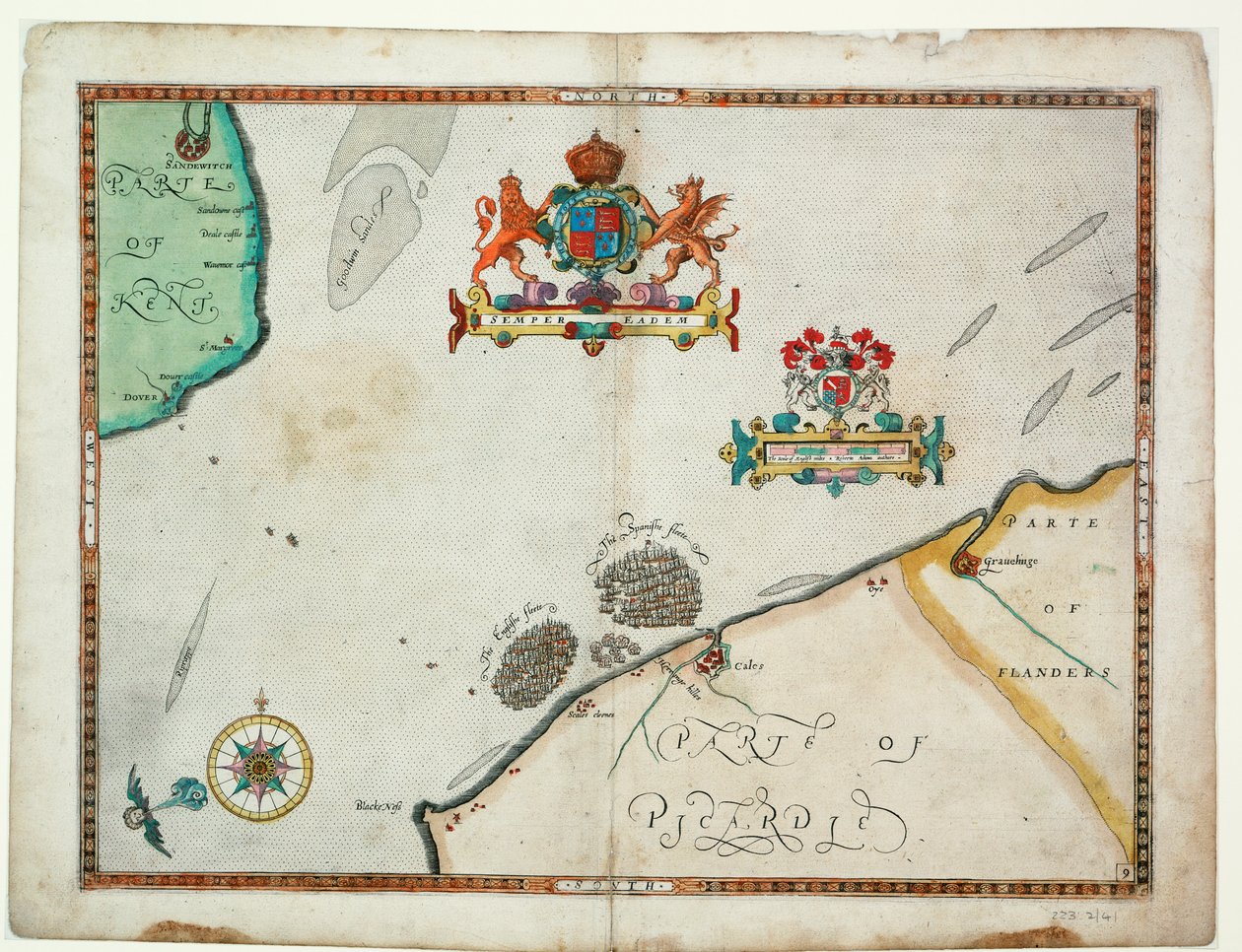 Dover és Sandwich, Blacknerse és Gravelines között - A spanyol armada és az angol flotta Calais-nál, 1590 körül (kézirat) alkotó: Robert (after) Adams
