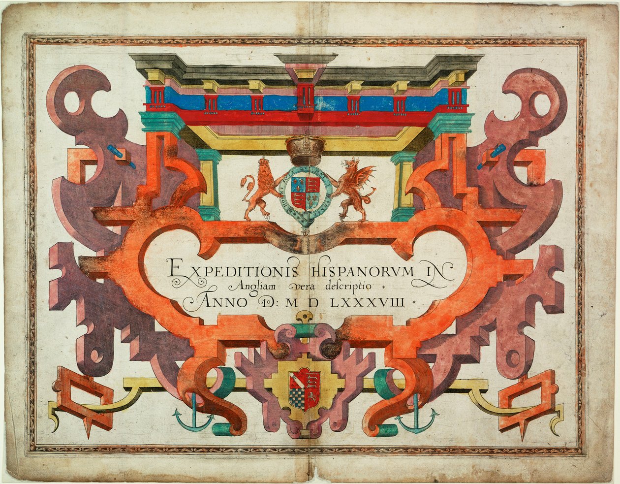 Az "Expeditionis Hispanorum in Angliam vera descriptio anno domini MDLXXXVIII" címlapja. alkotó: Robert (after) Adams