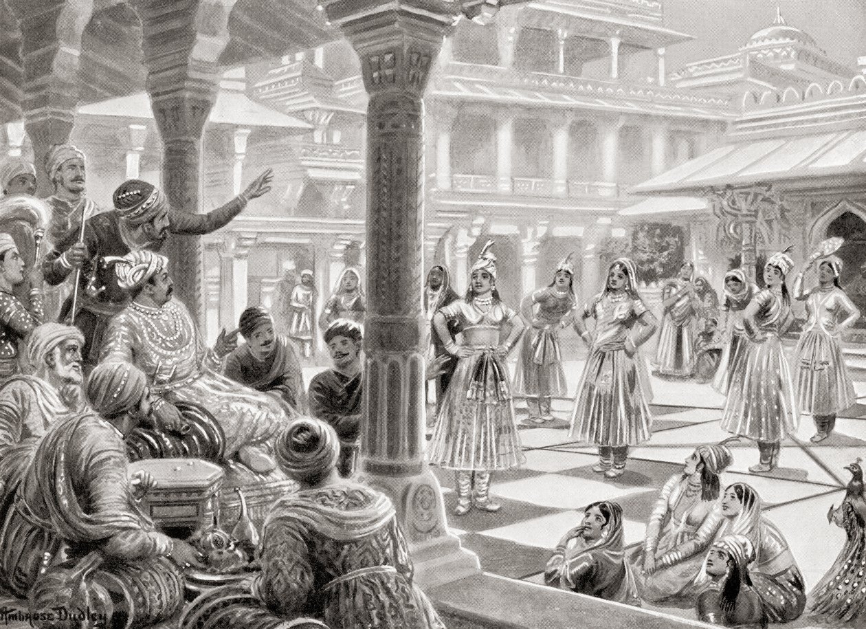 Akbar pachisit vagy chaupurt játszik élő darabokkal a Fatehpur Sikriben 1575-ben, Hutchinson History of the Nations című művéből, pub. 1915 alkotó: Robert (after) Dudley