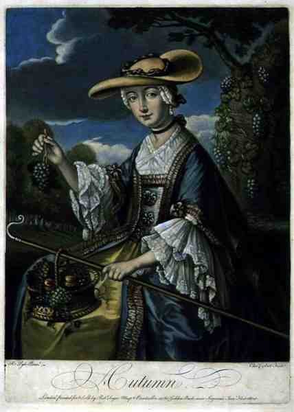 Autumn, metszette C. Corbutt (Richard Purcell) (fl.1746-66), pub. Robert Sayer, 1760 körül (mezzotinta metszet) (lásd még: 125559-61) alkotó: Robert (after) Pyle