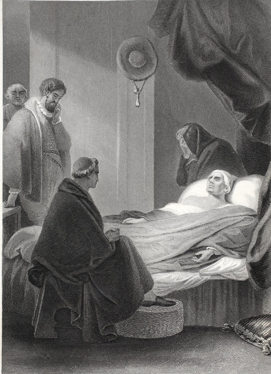 Wolsey bíboros halála, A.H. Payne metszet (litho) alkotó: Robert (after) Smirke