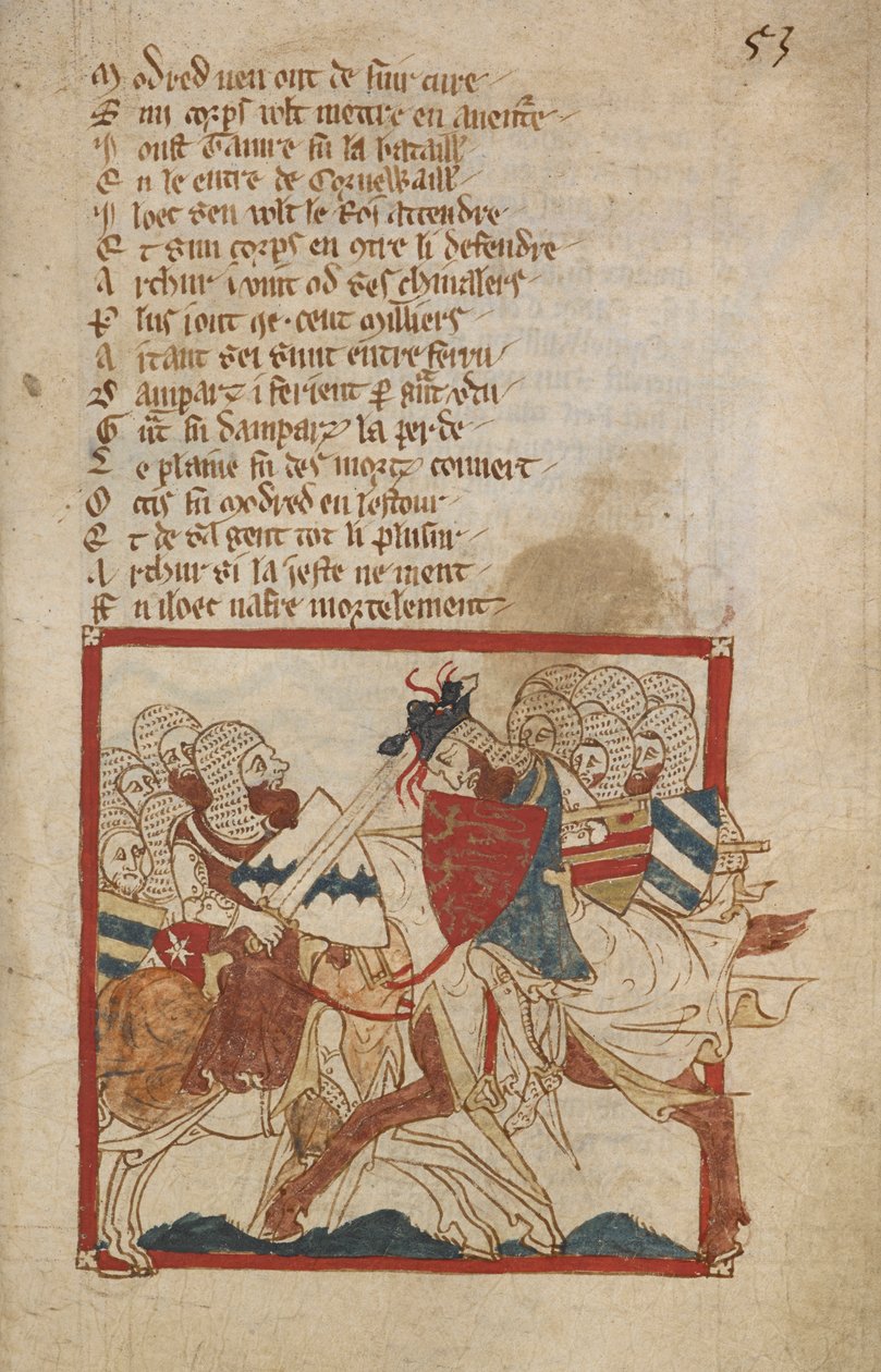 Arthur halálosan megsebesült, illusztráció a "Romances in French Verse..."-ből, Wace kánonja (Wace of Bayeux) alkotó: Robert (c.1110 74) Wace