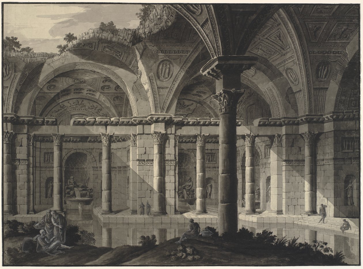 Egy antik fürdő építészeti fantáziája romos tetővel és figurákkal alkotó: Robert Adam
