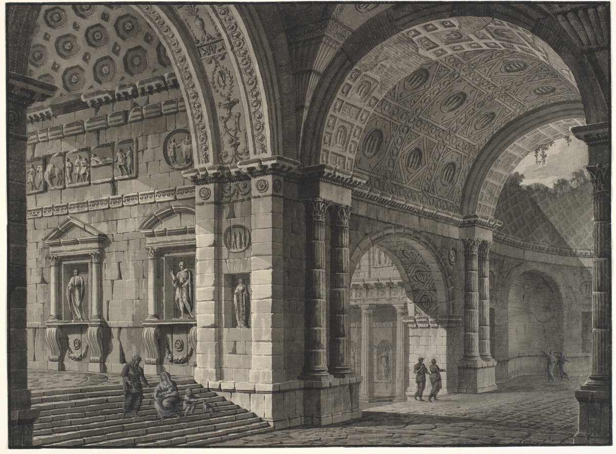 Építészeti fantázia egy ódon épület belsejéről, részben romos boltozatokkal alkotó: Robert Adam