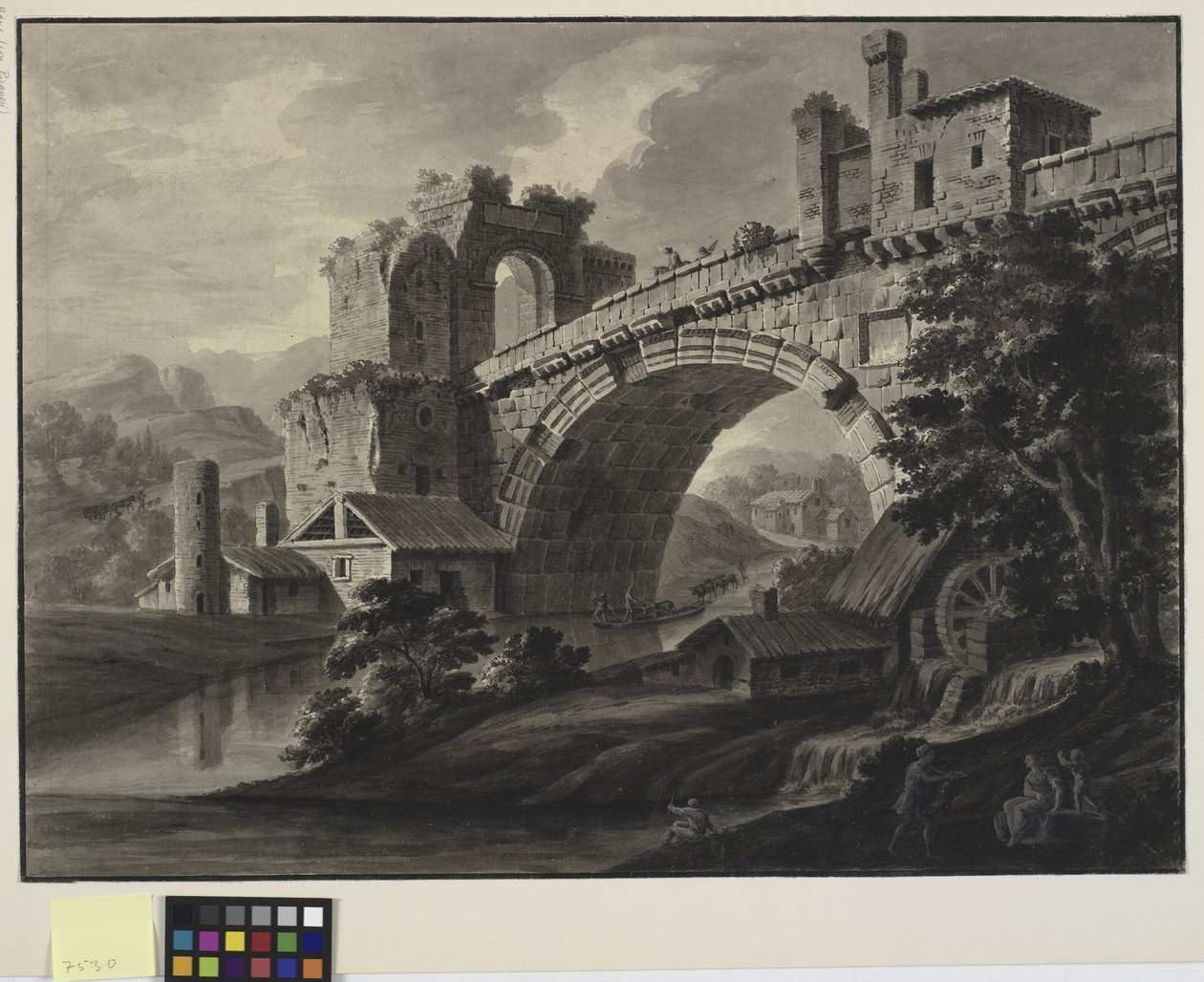 Építészeti fantázia egy folyón átívelő antik híddal és egy vízimalommal az előtérben alkotó: Robert Adam