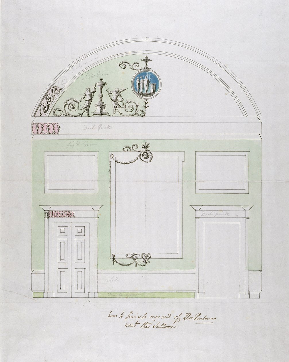 Tervezés a Headfort House Ebédlő zárófalához (toll és fekete tinta grafit felett wc-vel fektetett papírra) alkotó: Robert Adam
