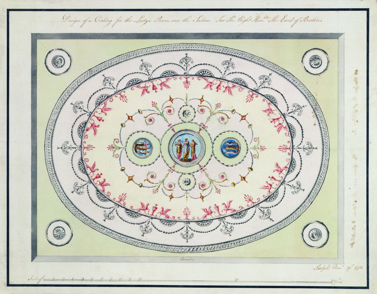 Mennyezettervezés a Headfort House Ladies Room-ban, 1772 (wc, toll és tinta grafit felett, fektetett papíron) alkotó: Robert Adam
