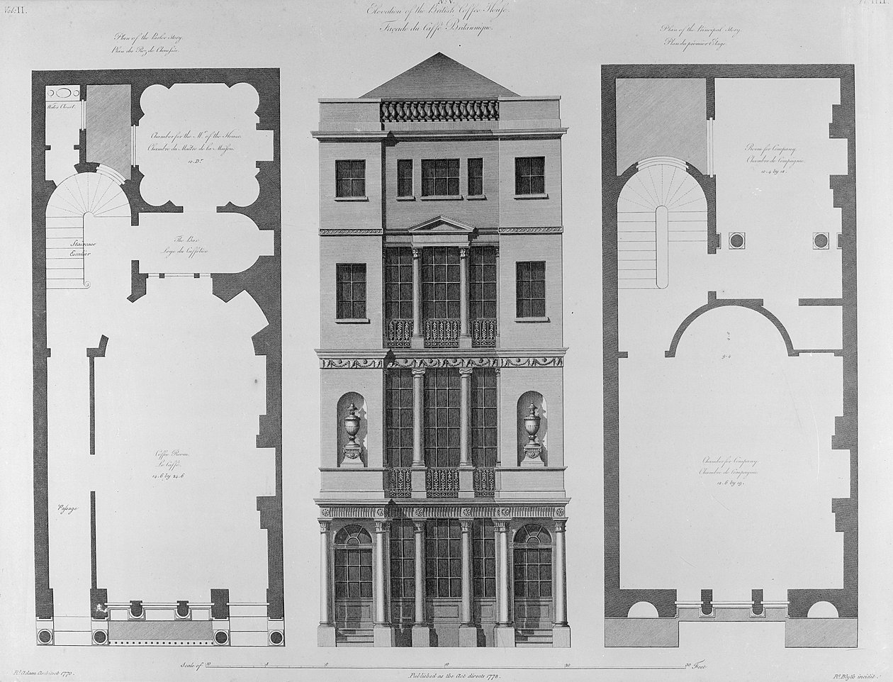A brit kávéház emeletének metszete, Robert Blyth metszete, 1778 alkotó: Robert Adam