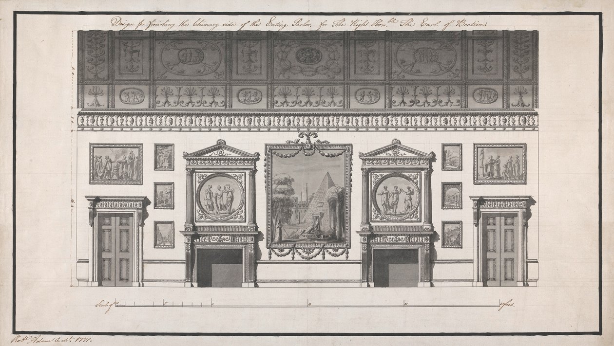 Headfort ház, étkező, kémény felőli oldalon (toll és fekete tinta, és papíron ceruzával mossa le) alkotó: Robert Adam