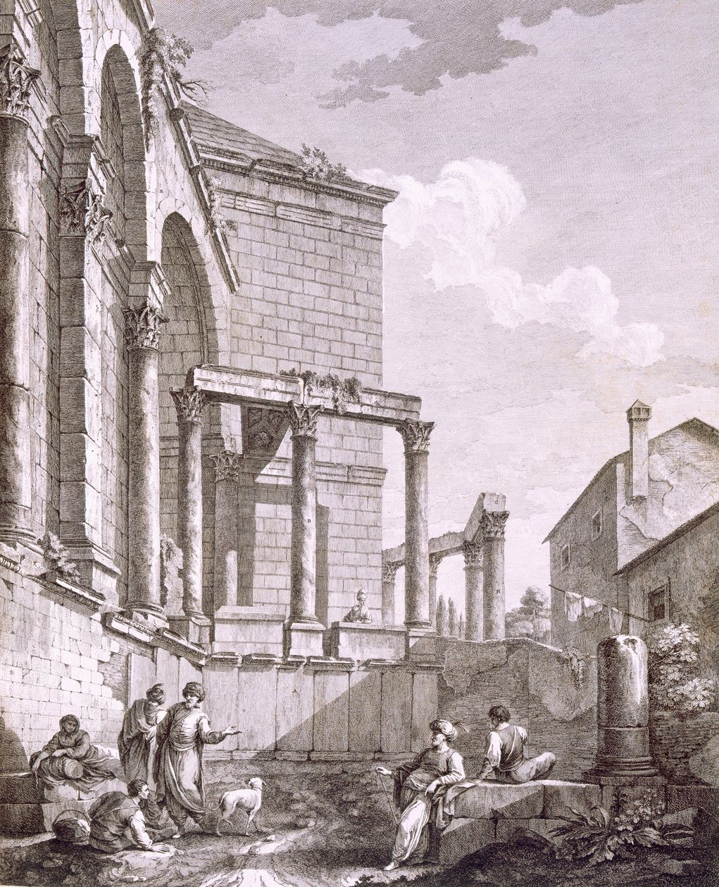Oldalnézetből a Jupiter-templom, kocsma. 1764. alkotó: Robert Adam