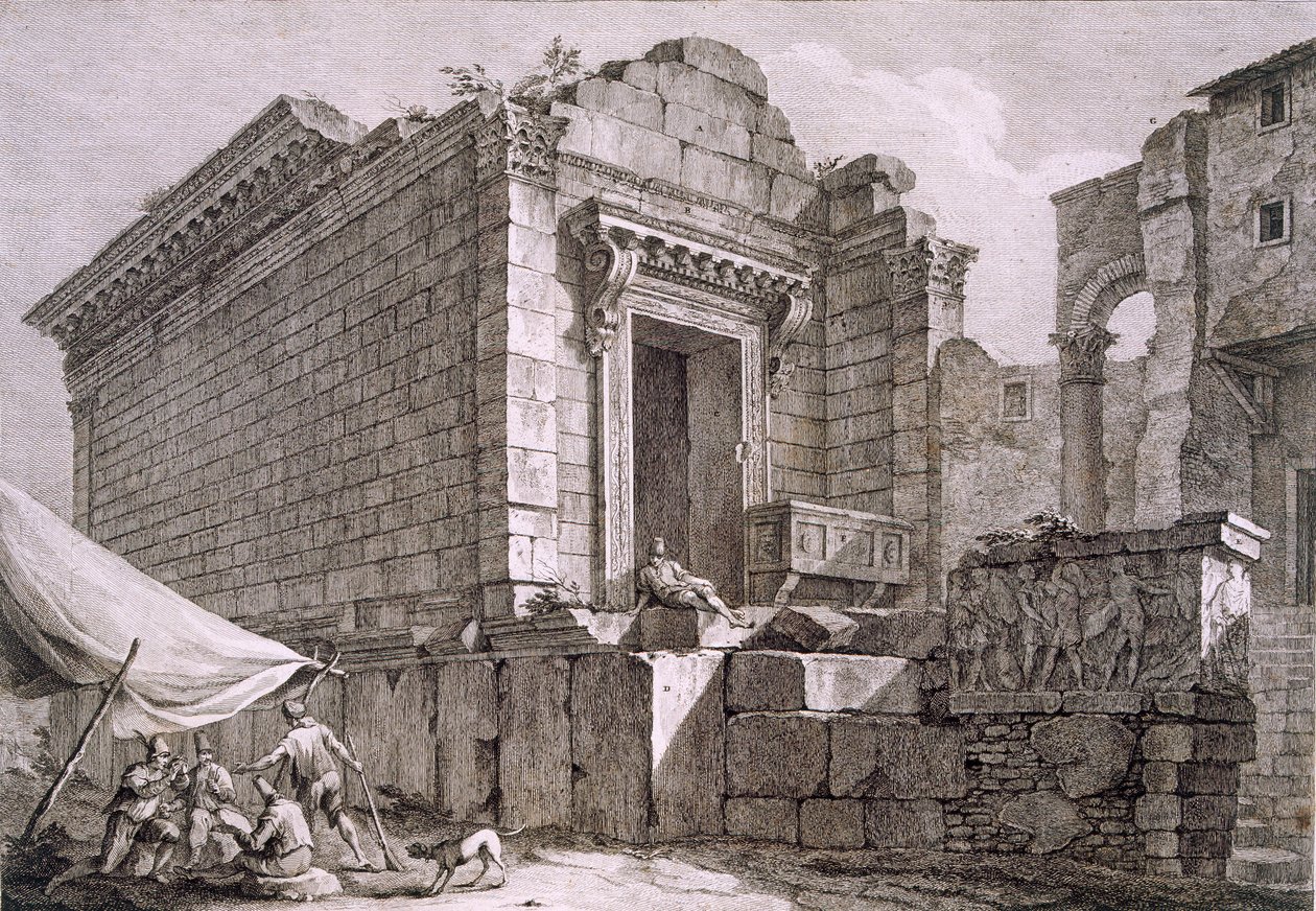 Kilátás az Aesculapius-templomra, kocsma. 1764. alkotó: Robert Adam