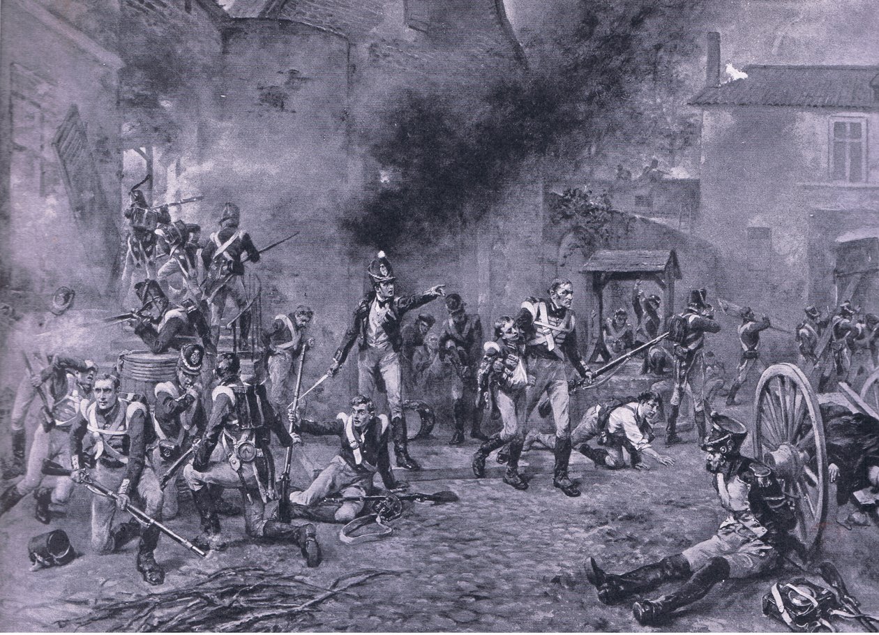 Hougoumont védelme 1815. június 18-án, illusztráció a brit szárazföldi és tengeri csatákból, 1915 alkotó: Robert Alexander Hillingford
