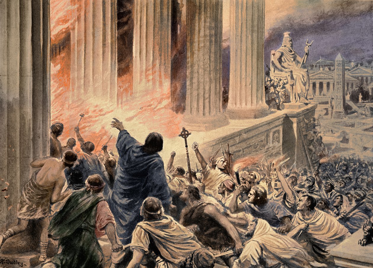 Az alexandriai könyvtár felgyújtása i.sz. 391-ben, illusztráció a „Hutchinsons History of the Nations”-ből, 1910 körül (későbbi színezés) (litho) alkotó: Robert Ambrose (after) Dudley