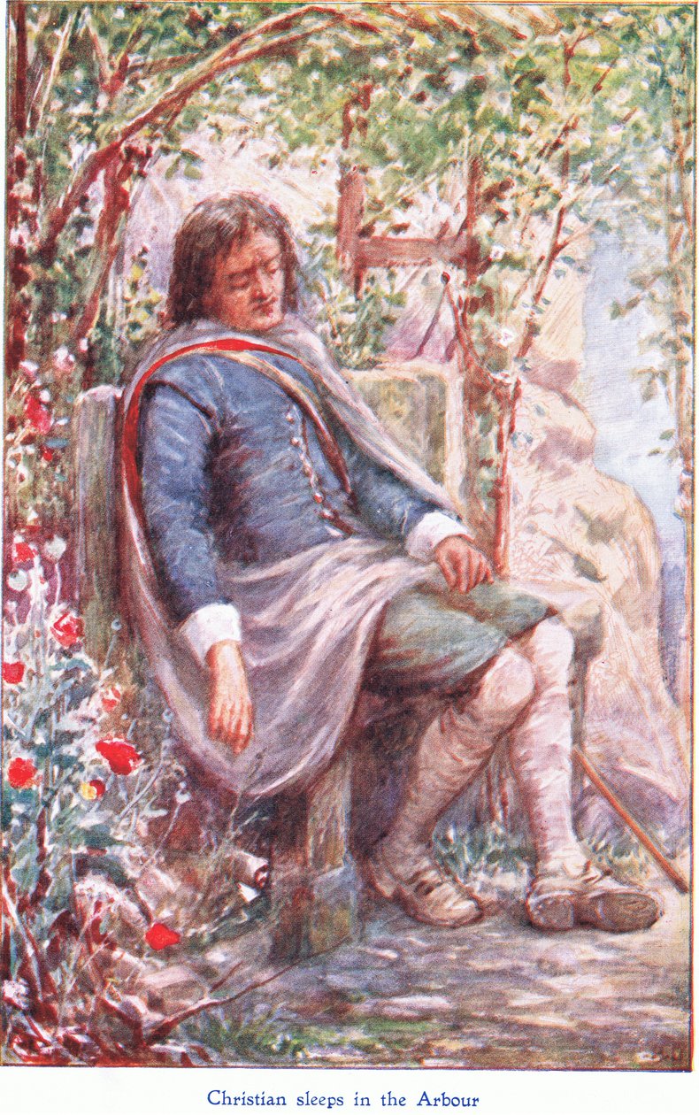 Christian a lugasban alszik, a John F Shaw & Co által kiadott The Pilgrims Progress-ből, az 1900-as évek körül (színes litó) alkotó: Robert Ambrose Dudley