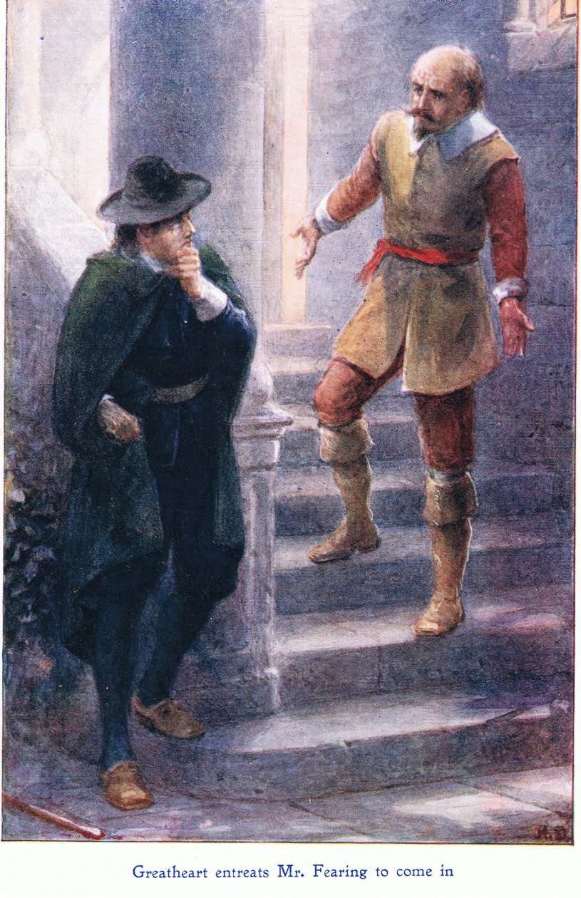 A Great Heart arra kéri Mr. Fearinget, hogy jöjjön be, a John F Shaw & Co által kiadott The Pilgrims Progressből, 1900-as évek körül (színes litho) alkotó: Robert Ambrose Dudley