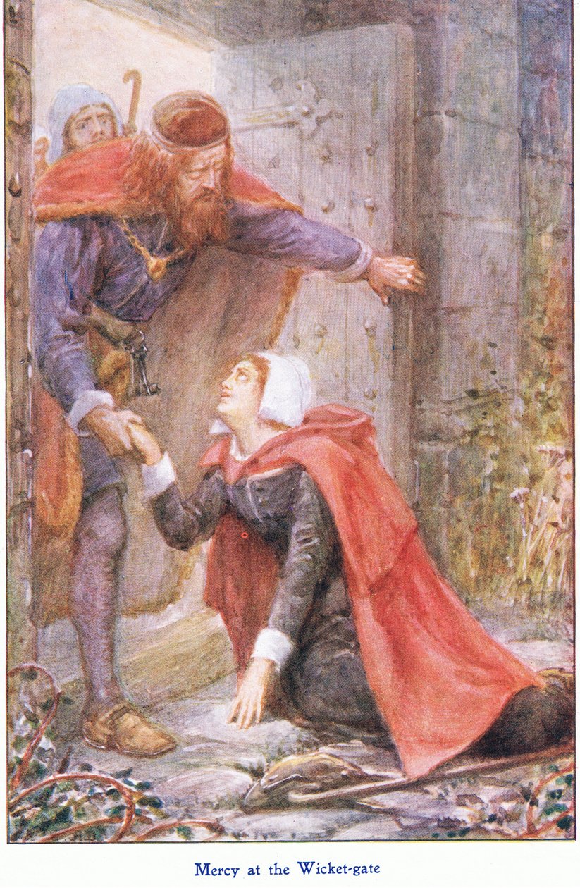 Mercy at the Wicker Gate, a The Pilgrims Progress-ből, amelyet John F Shaw & Co adott ki, 1900-as évek körül (színes litó) alkotó: Robert Ambrose Dudley