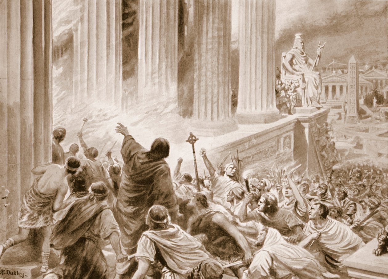 Az alexandriai könyvtár felgyújtása i.sz. 391-ben, illusztráció a „Hutchinsons History of the Nations” című könyvéből, 1910 körül (litho) alkotó: Robert Ambrose Dudley