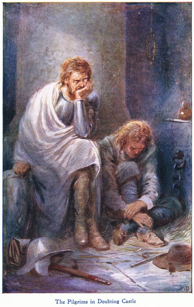 The Pilgrims in Doubting Castle, a The Pilgrims Progress-ből, amelyet John F Shaw & Co adott ki, 1900-as évek körül (színes litó) alkotó: Robert Ambrose Dudley