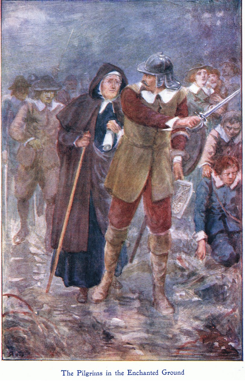 A zarándokok az elvarázsolt földön, a The Pilgrims Progress-ből, amelyet John F Shaw & Co adott ki, az 1900-as évek körül (színes litó) alkotó: Robert Ambrose Dudley