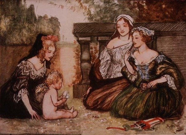 Cupido és az én Campaspe-om csókokért kártyáztak, Palgrave Aranykincstárából, 1907-ben (színes litó) alkotó: Robert Anning Bell