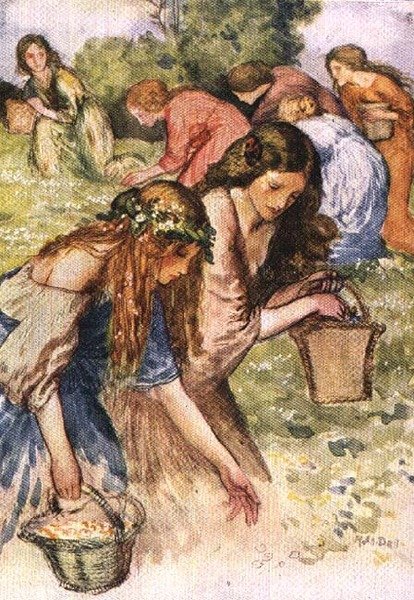 A folyó partján van egy rét, egy nimfacsapat, amelyet véletlenül kikémleltem, Palgrave Aranykincstárából, 1907-ben (színes litó) alkotó: Robert Anning Bell