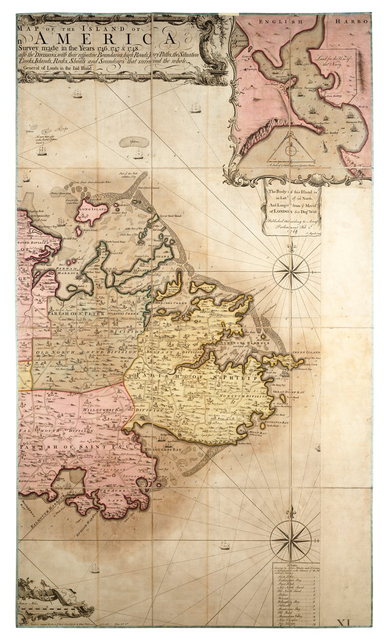 Antigua szigetének új és pontos térképe Amerikában, az 1746-1748-as években készült felmérés alapján, 1749 körül (színes metszet). alkotó: Robert Baker